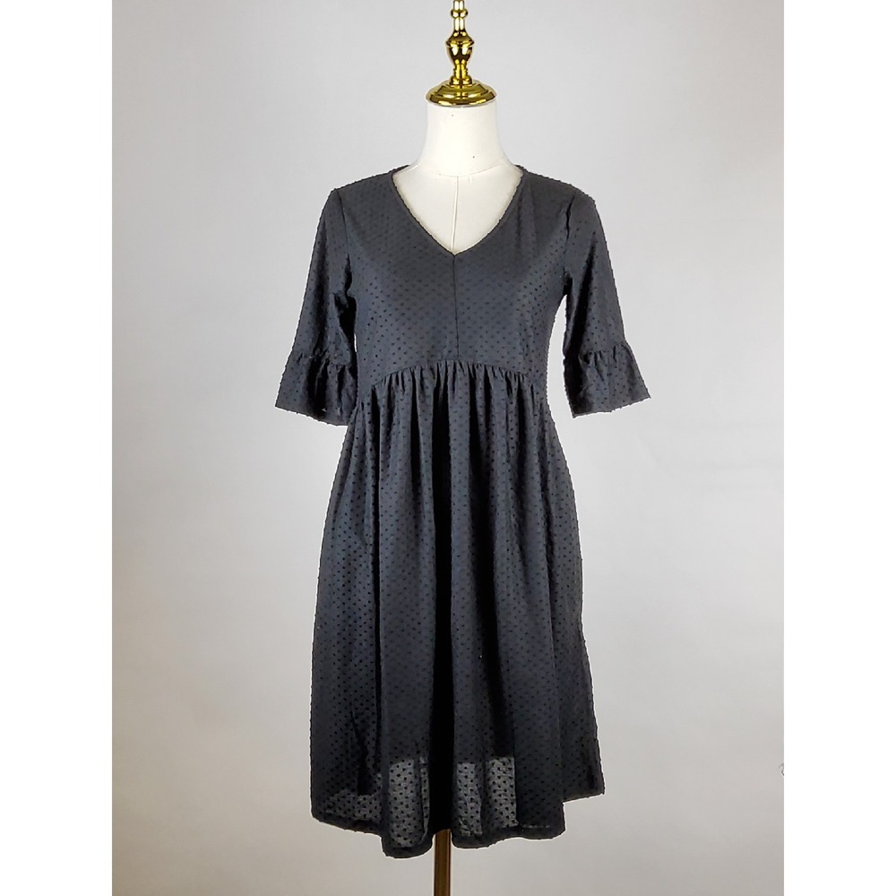 NY Collection Dress Womens Petite PS Black‎ Swiss Dot Empire Flared Gothic NWT